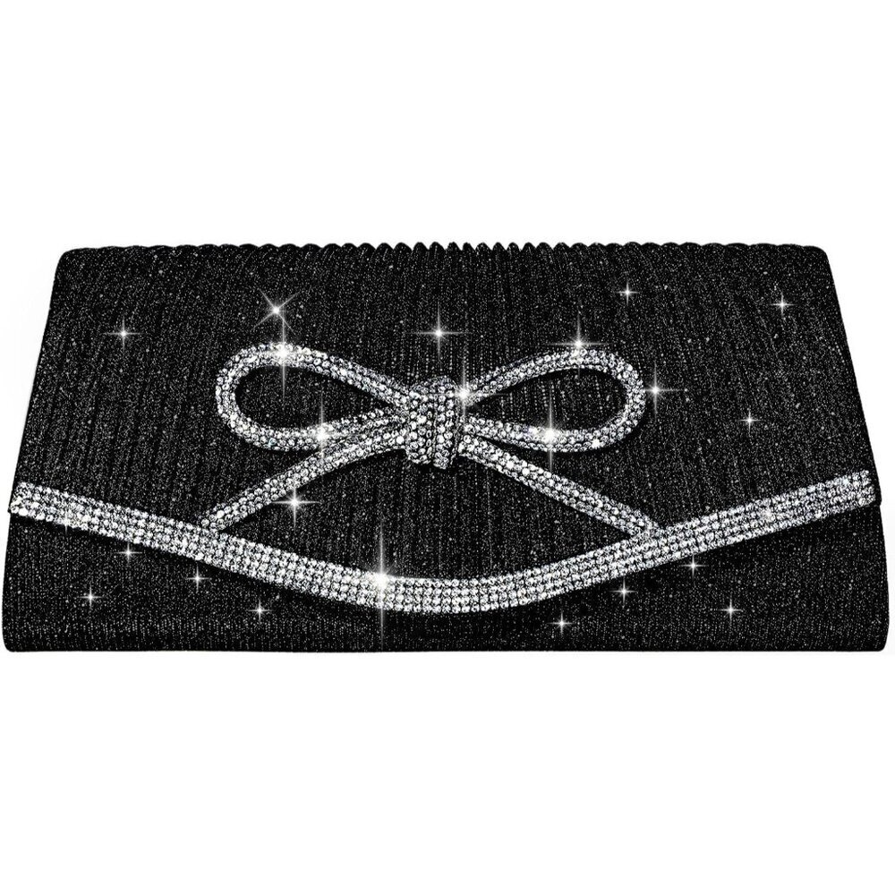 Women Bow Black Imported Magnetic Purse Rhinestone Envelope Party Handbag